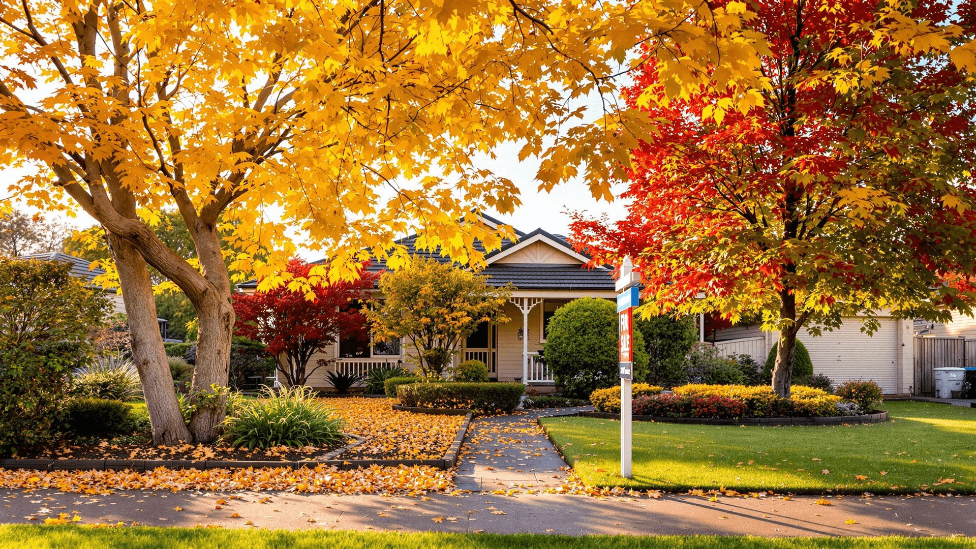 A beautiful suburban Australian home with a well-kept garden and autumn leaves scattered on the lawn
