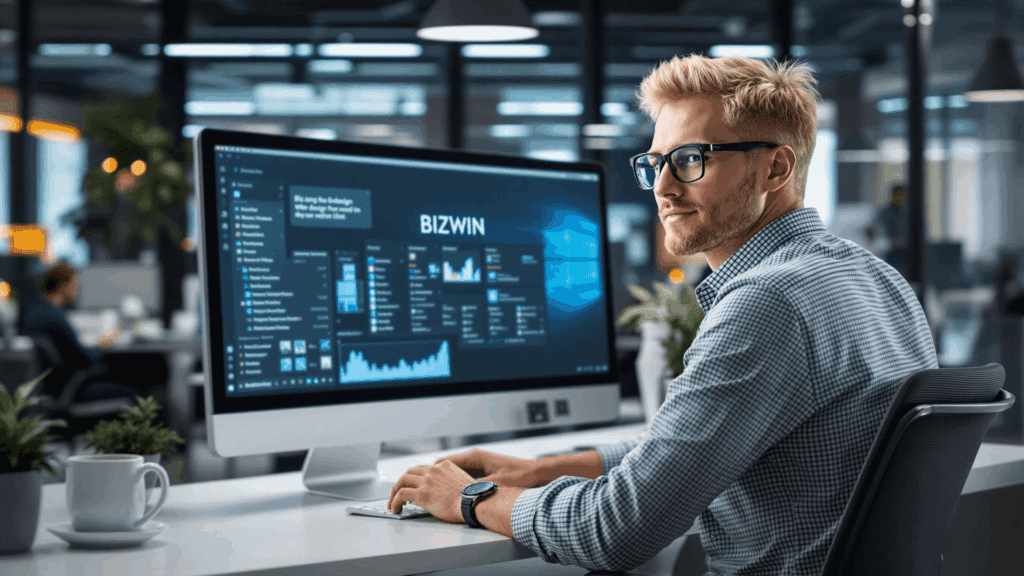 Young professional office worker at a desk - web designer at BizWin