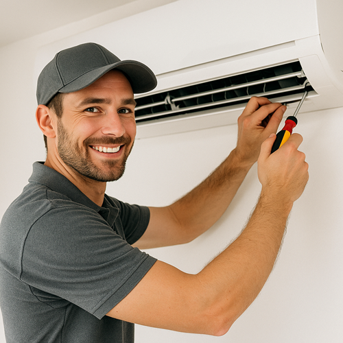 Professional HVAC technician servicing and installing a heat pump unit in a New Zealand residential property.