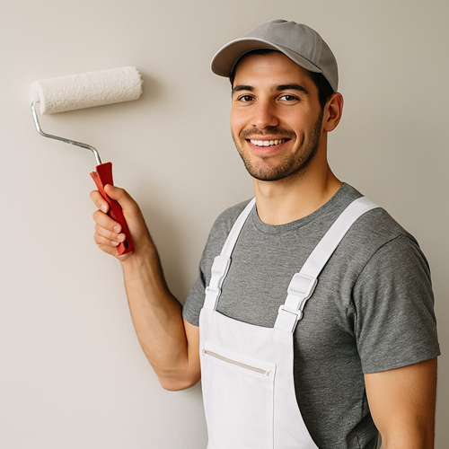 Professional house painter applying fresh paint to an interior wall using a roller, bright clean home environment.