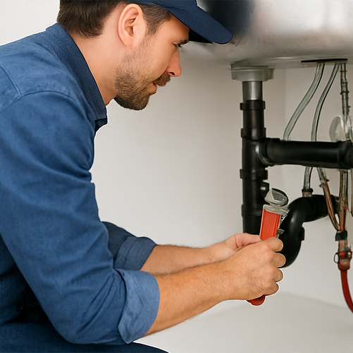 Licensed plumber repairing indoor water pipes under a sink in a modern Bay of Plenty home.