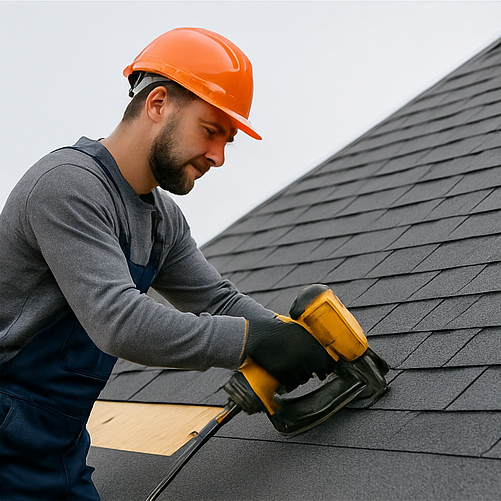 Roofing specialist repairing roof tiles on a Tauranga home under clear blue skies.