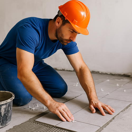 Experienced tiler installing new ceramic floor tiles inside a contemporary Mount Maunganui home.